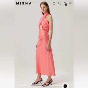 MISHA Collection Linnea Satin Midi Dress in Watermelon Pink